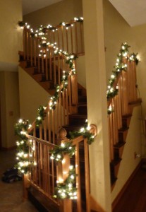 garland on the stairway railings