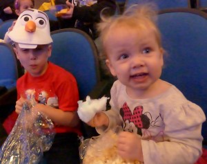 Intermission. Allison enjoying popcorn AND cotton candy. Adam sportin the Olaf hat