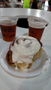 Our brunch: mini donut beer and a cinnamon roll!
