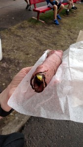 Pickle dog. Pickle spear with cream cheese and pastrami wrapped around it. Way good!